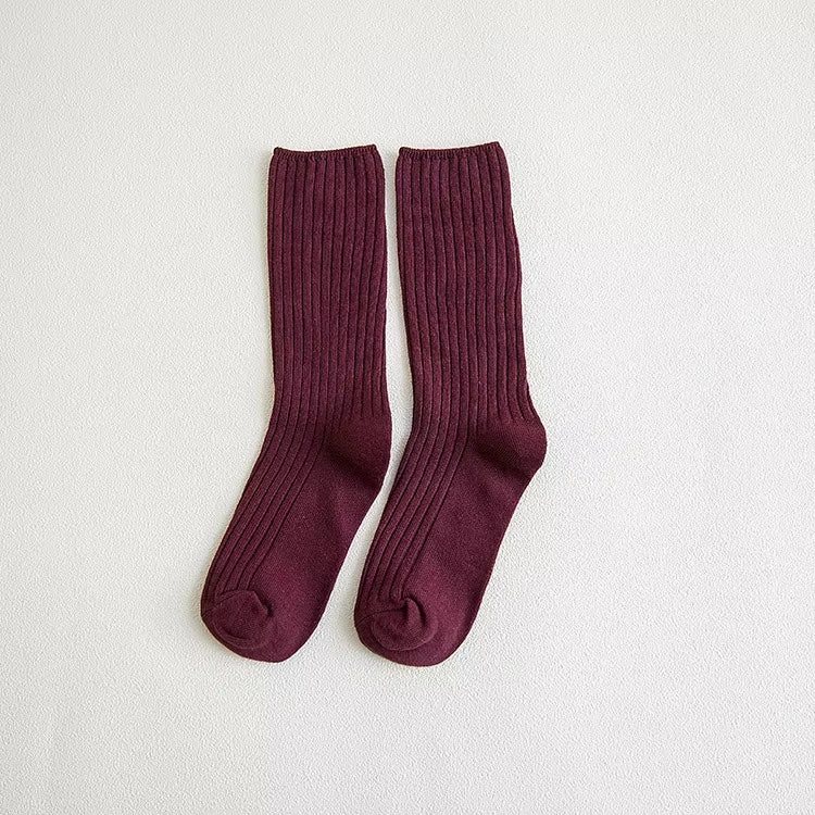 Women‘s Ribbed Slouchy Crew Socks Solid Color Double Needle Cotton