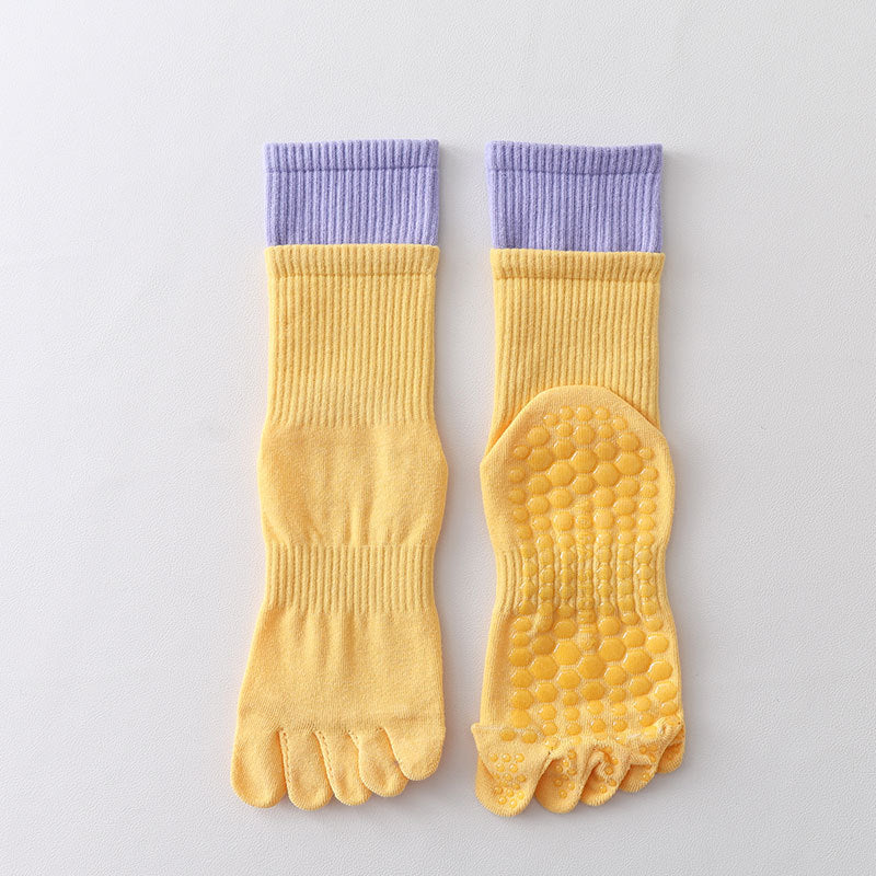 ZoraSocks Contrast-Cuff Mid-Calf Five-Toe Pilates Grip Socks