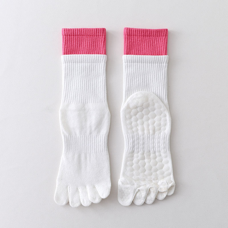 ZoraSocks Contrast-Cuff Mid-Calf Five-Toe Pilates Grip Socks