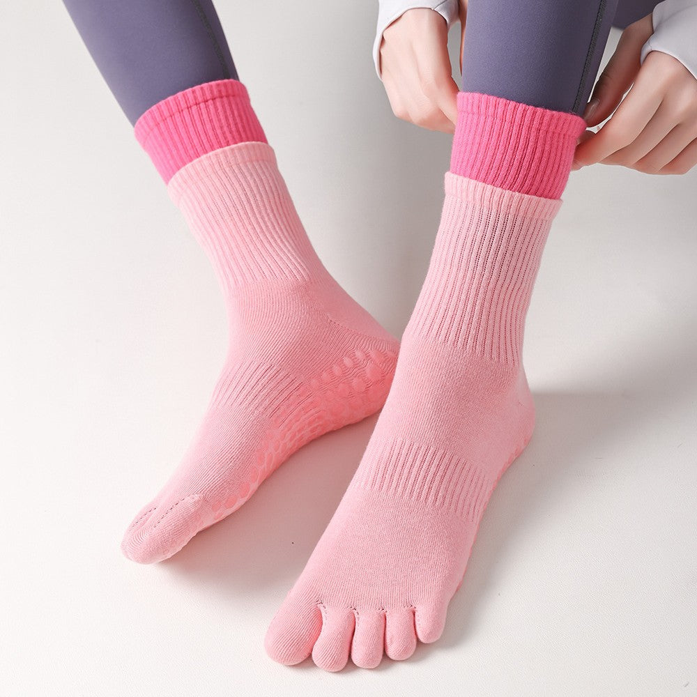 ZoraSocks Contrast-Cuff Mid-Calf Five-Toe Pilates Grip Socks