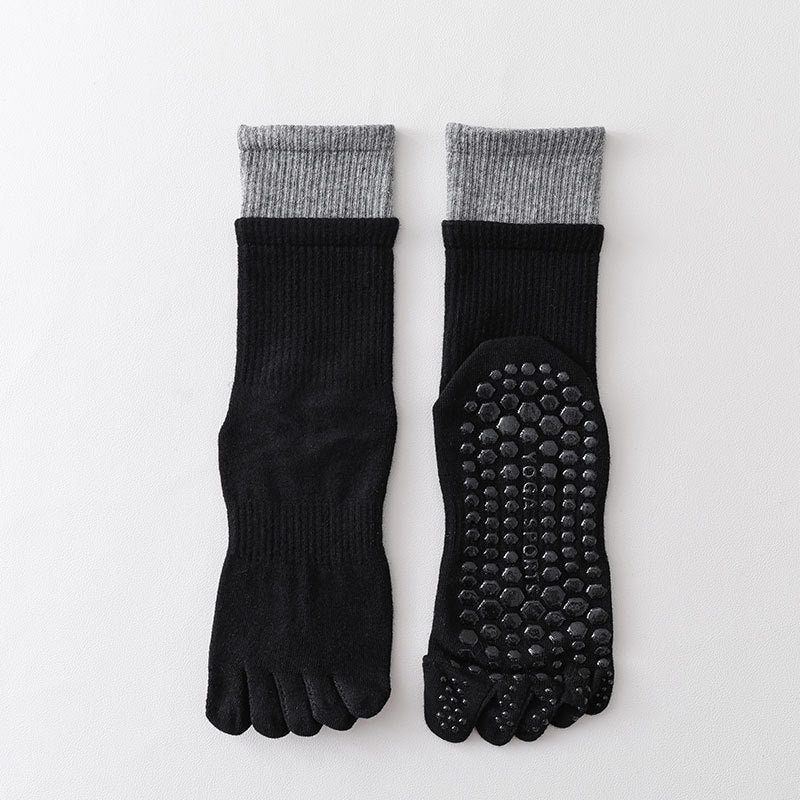 ZoraSocks Contrast-Cuff Mid-Calf Five-Toe Pilates Grip Socks