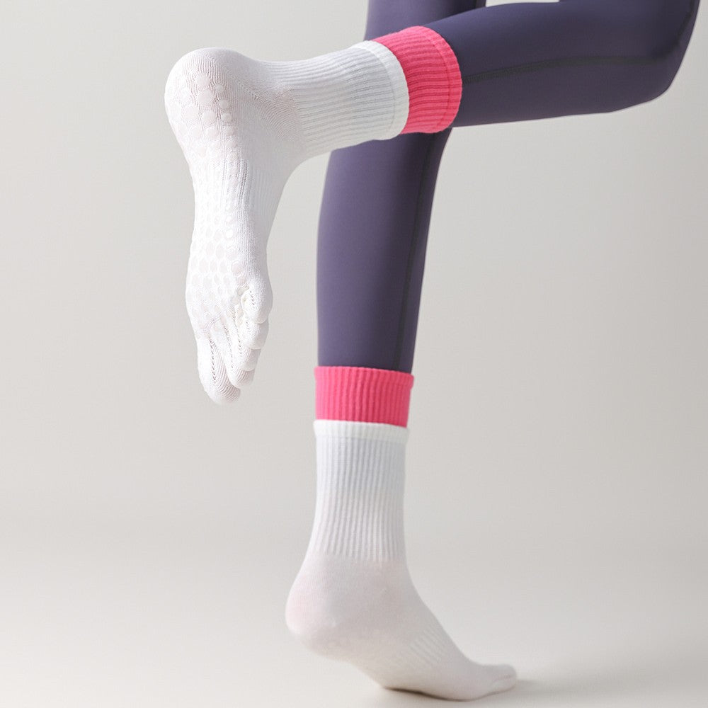 ZoraSocks Contrast-Cuff Mid-Calf Five-Toe Pilates Grip Socks