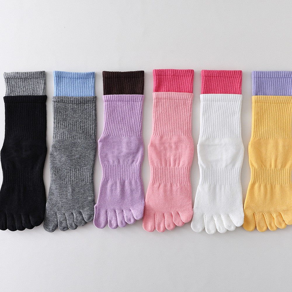 ZoraSocks Contrast-Cuff Mid-Calf Five-Toe Pilates Grip Socks