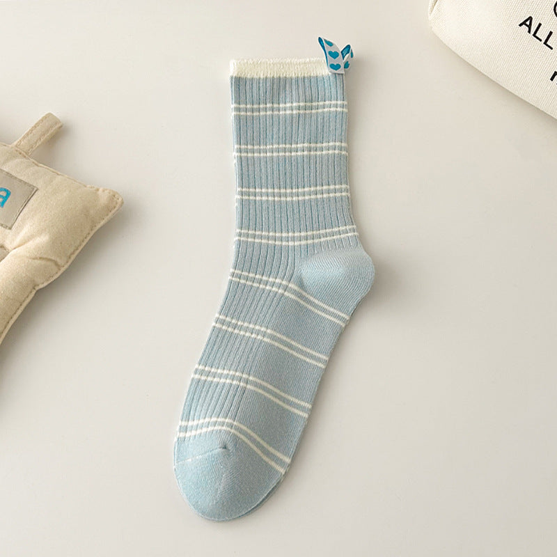 Women's Baby Blue Striped Heart-Label Slouch Crew Socks