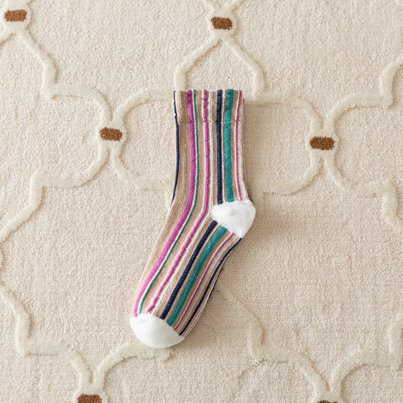 Women's Retro Multicolour Striped Cotton Crew Socks