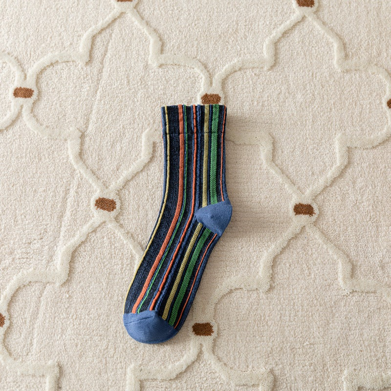 Women's Retro Multicolour Striped Cotton Crew Socks