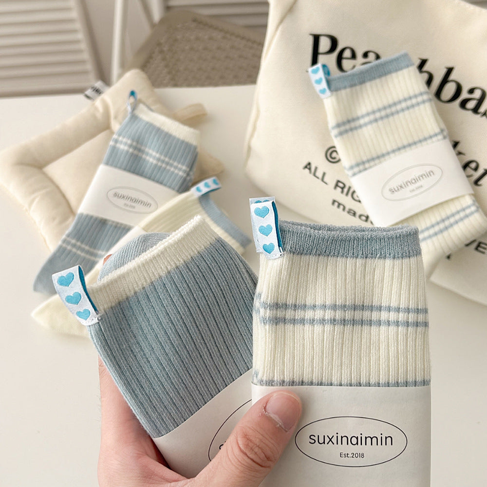 Women's Baby Blue Striped Heart-Label Slouch Crew Socks