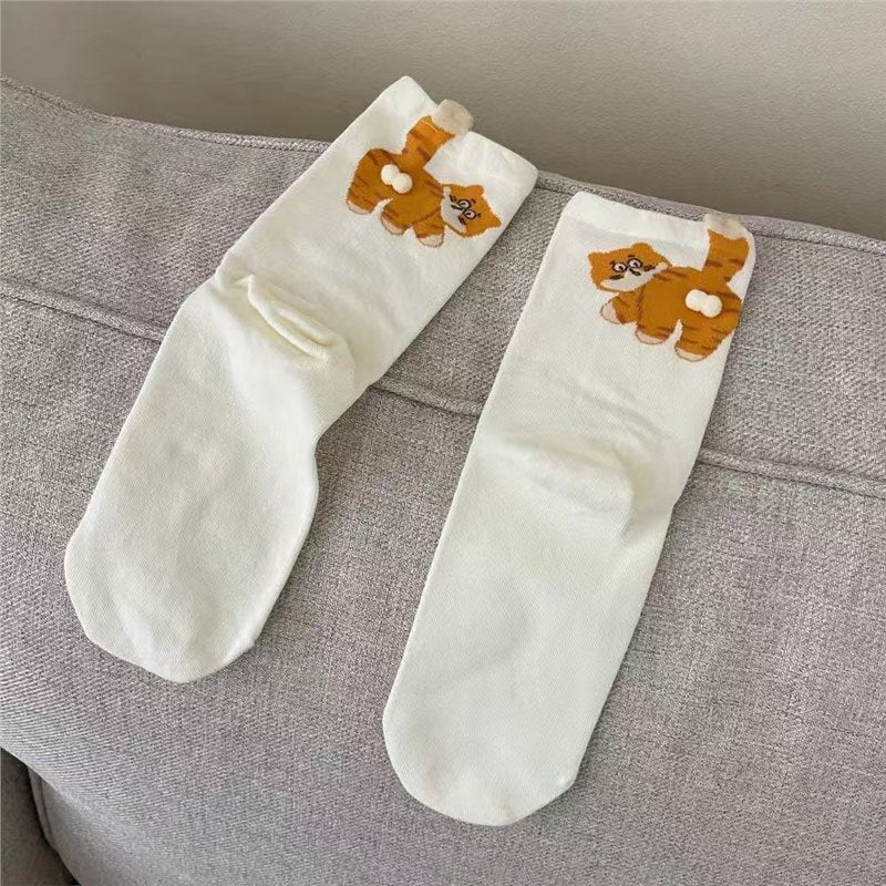 Women's Cute White Cartoon Cat Crew Socks