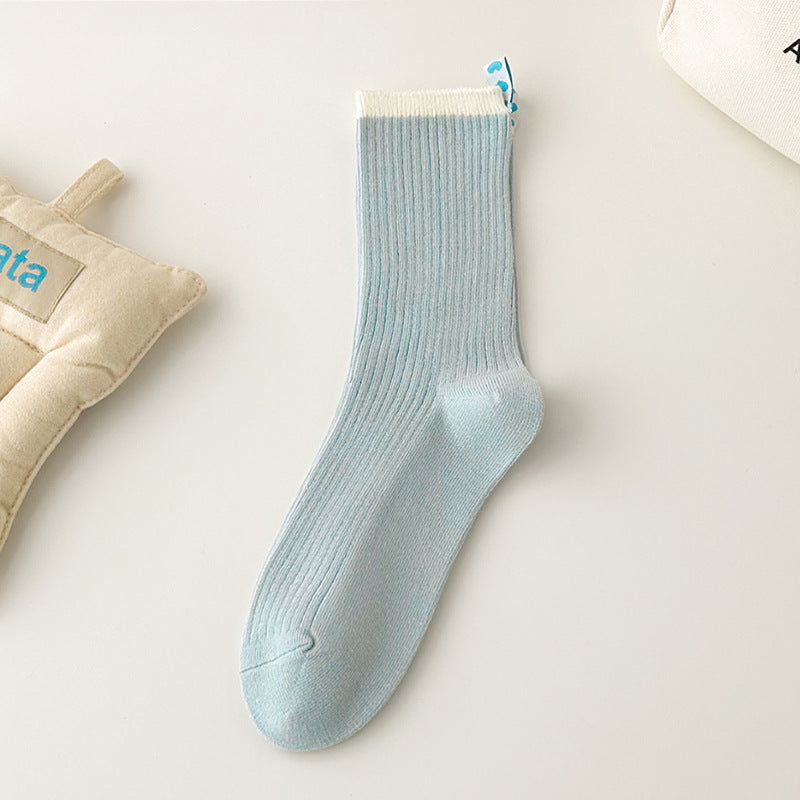 Women's Baby Blue Striped Heart-Label Slouch Crew Socks