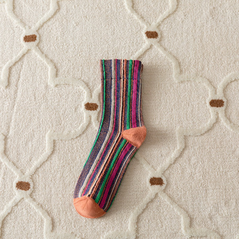 Women's Retro Multicolour Striped Cotton Crew Socks