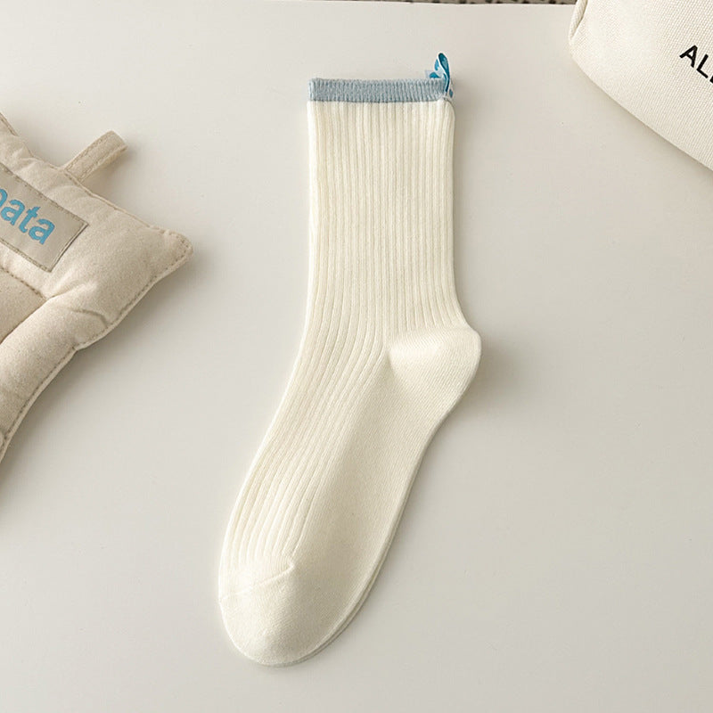 Women's Baby Blue Striped Heart-Label Slouch Crew Socks