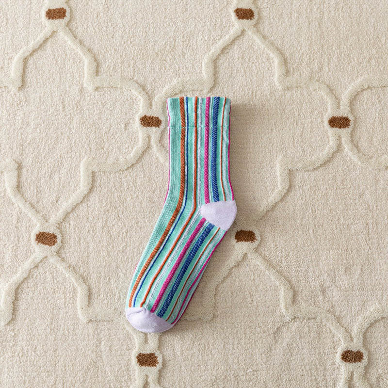 Women's Retro Multicolour Striped Cotton Crew Socks
