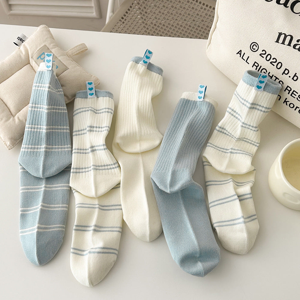 Women's Baby Blue Striped Heart-Label Slouch Crew Socks