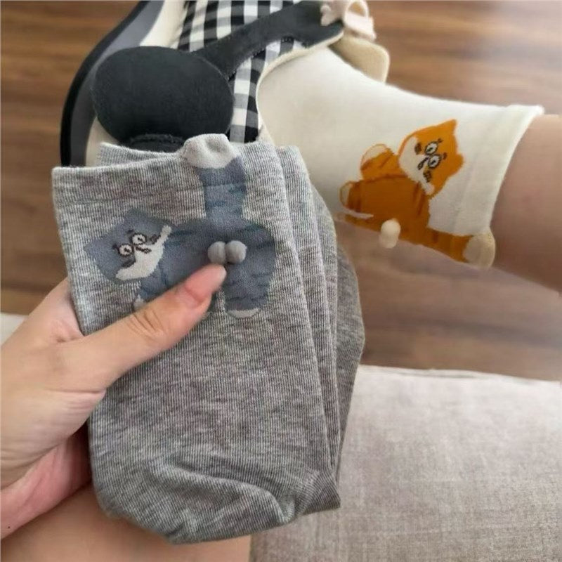Women's Cute White Cartoon Cat Crew Socks