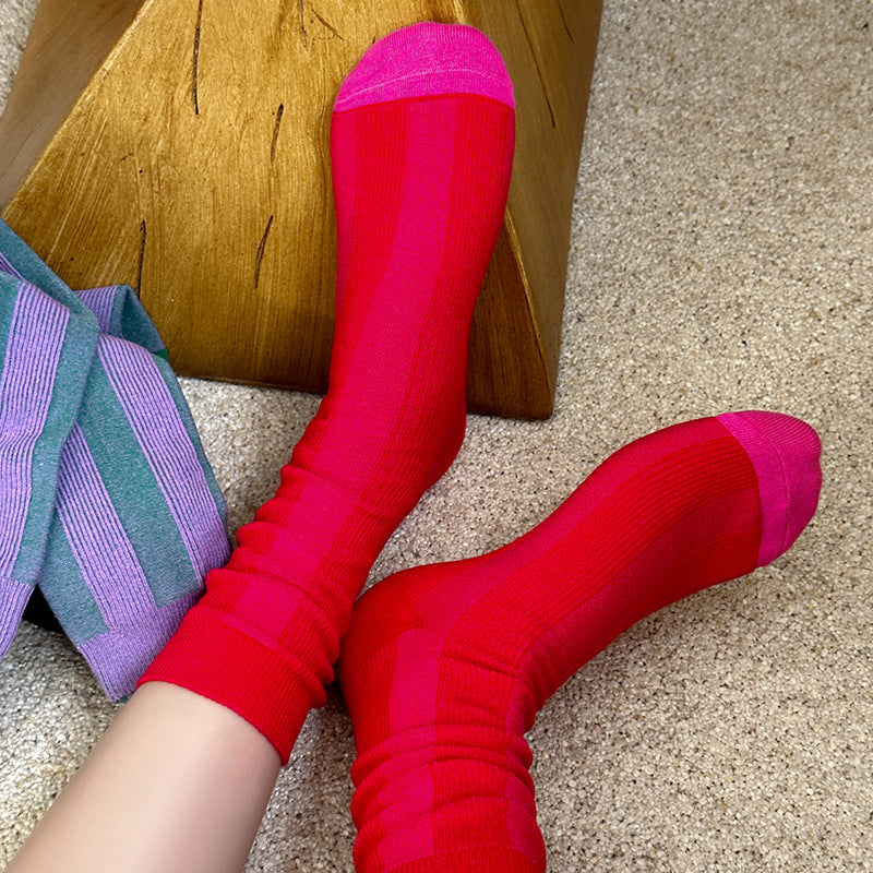 Women's Colour-Block Striped Slouch Cotton Crew Socks