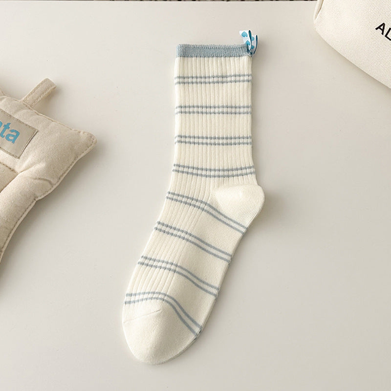 Women's Baby Blue Striped Heart-Label Slouch Crew Socks