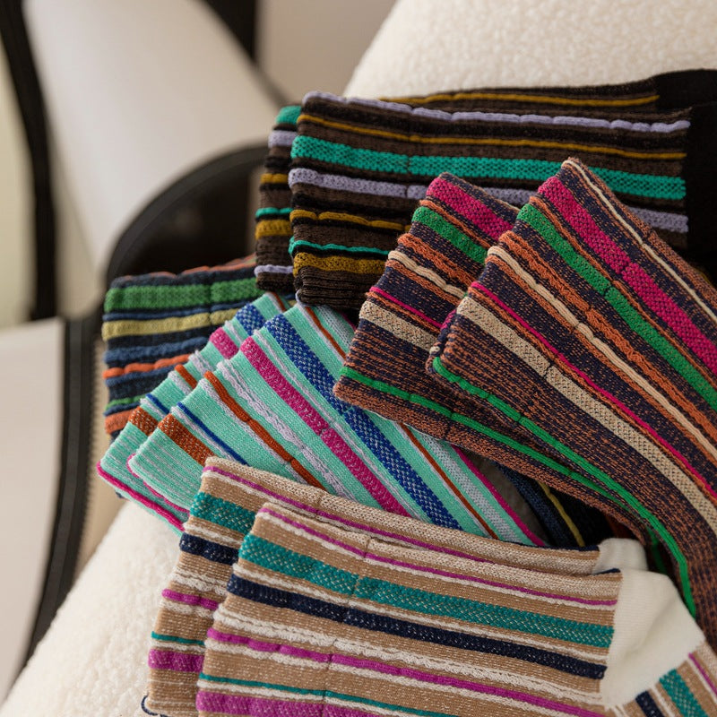 Women's Retro Multicolour Striped Cotton Crew Socks