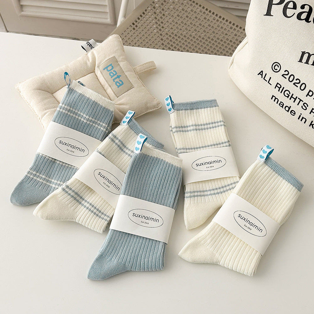 Women's Baby Blue Striped Heart-Label Slouch Crew Socks