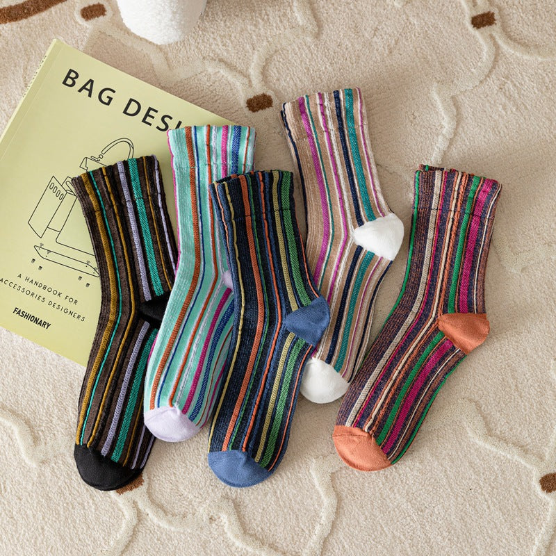 Women's Retro Multicolour Striped Cotton Crew Socks
