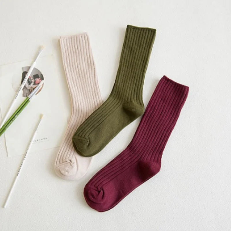 Women‘s Ribbed Slouchy Crew Socks Solid Color Double Needle Cotton