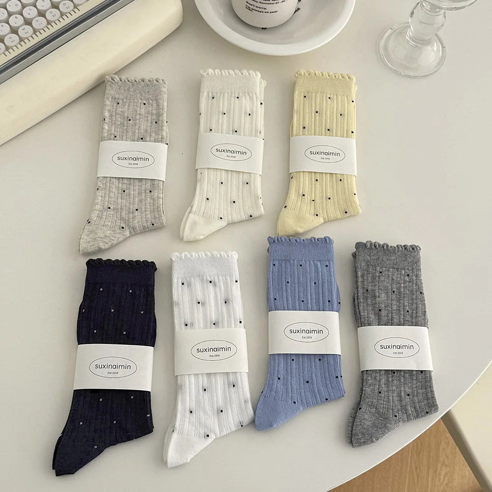 Summer Thin Polka Dot Women Socks Retro Harajuku Cotton Crew