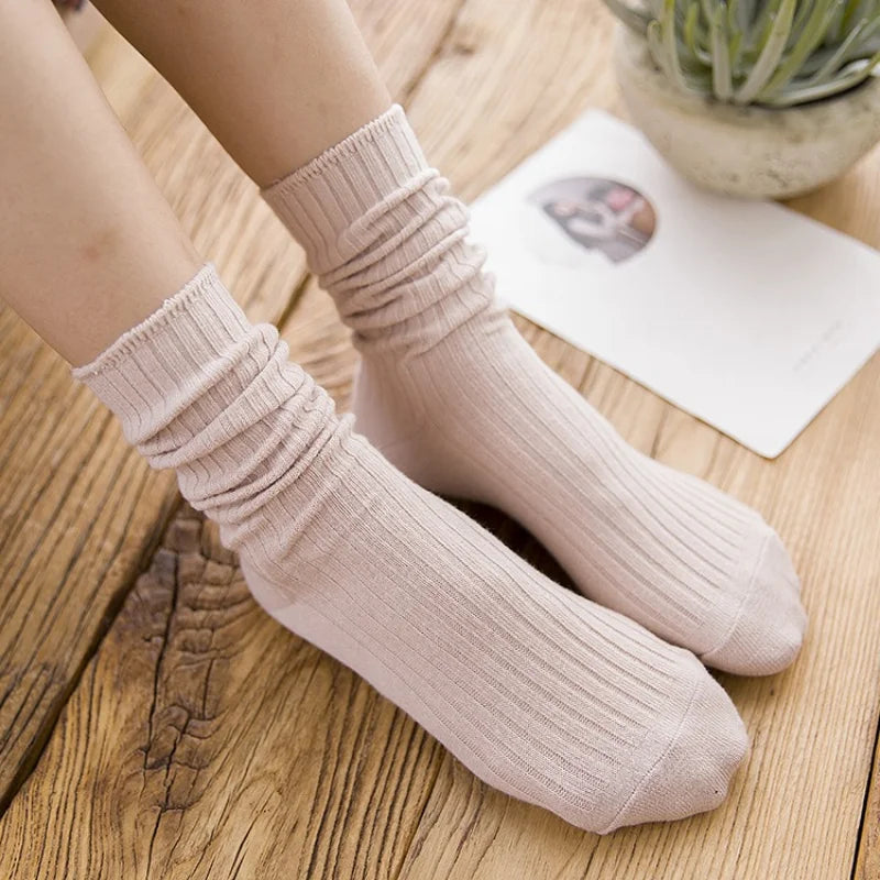 Women‘s Ribbed Slouchy Crew Socks Solid Color Double Needle Cotton