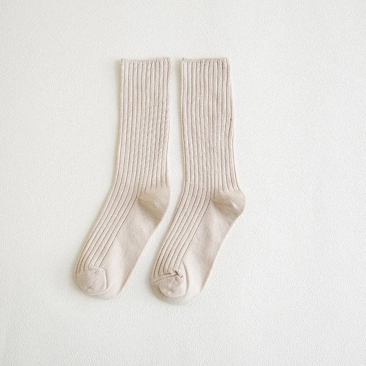 Women‘s Ribbed Slouchy Crew Socks Solid Color Double Needle Cotton