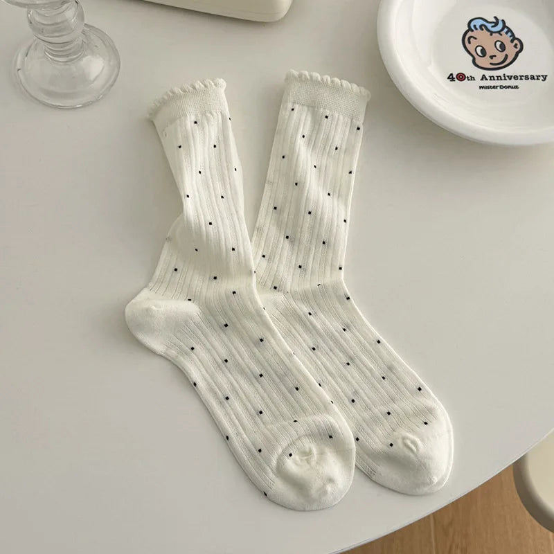 Summer Thin Polka Dot Women Socks Retro Harajuku Cotton Crew