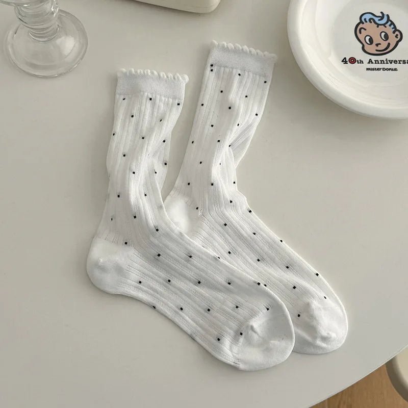 Summer Thin Polka Dot Women Socks Retro Harajuku Cotton Crew