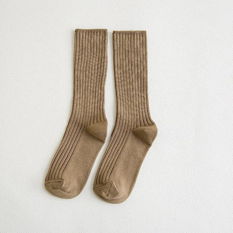 Women‘s Ribbed Slouchy Crew Socks Solid Color Double Needle Cotton