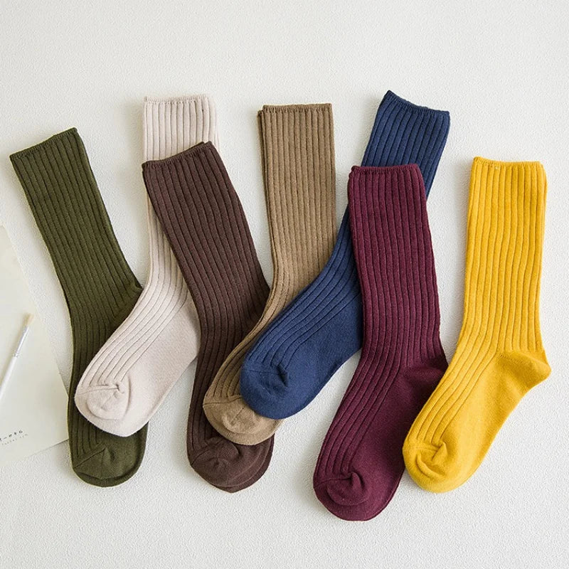 Women‘s Ribbed Slouchy Crew Socks Solid Color Double Needle Cotton