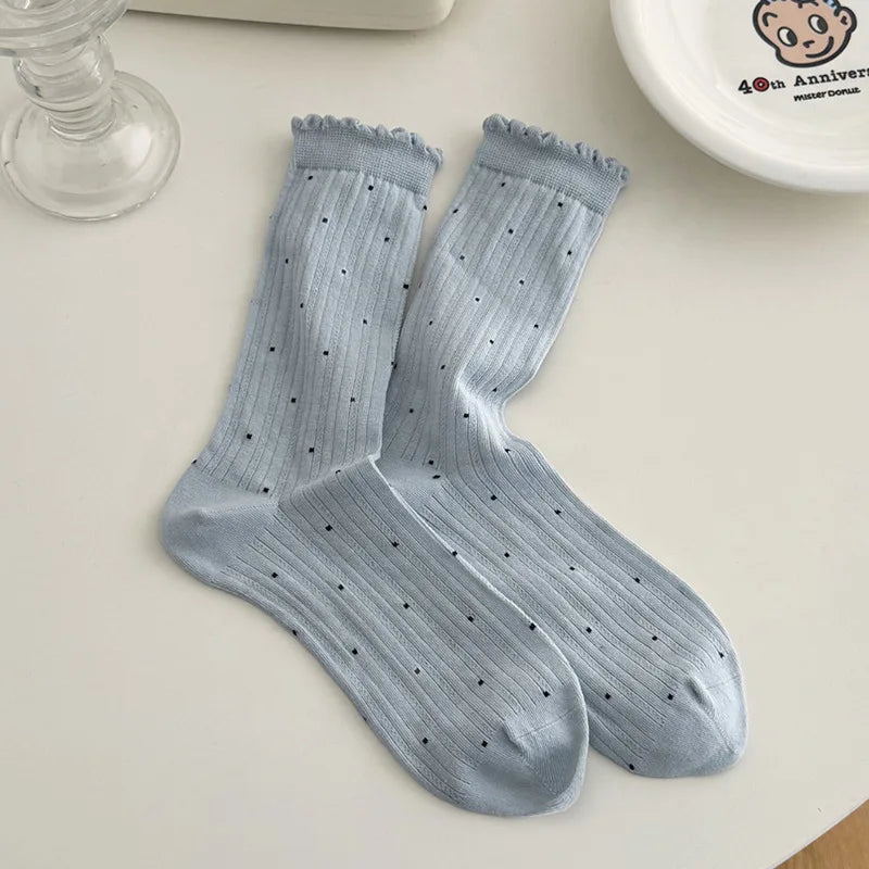 Summer Thin Polka Dot Women Socks Retro Harajuku Cotton Crew