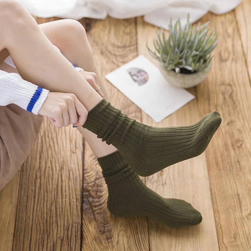 Women‘s Ribbed Slouchy Crew Socks Solid Color Double Needle Cotton