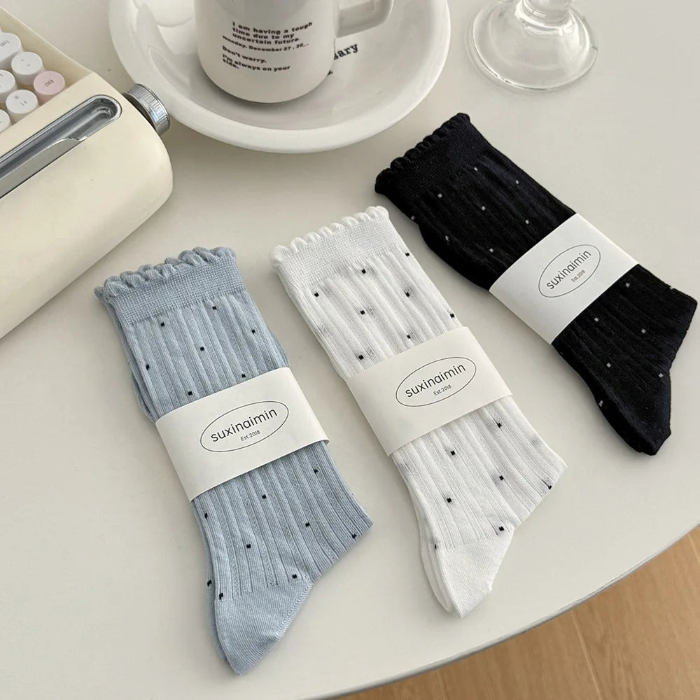 Summer Thin Polka Dot Women Socks Retro Harajuku Cotton Crew