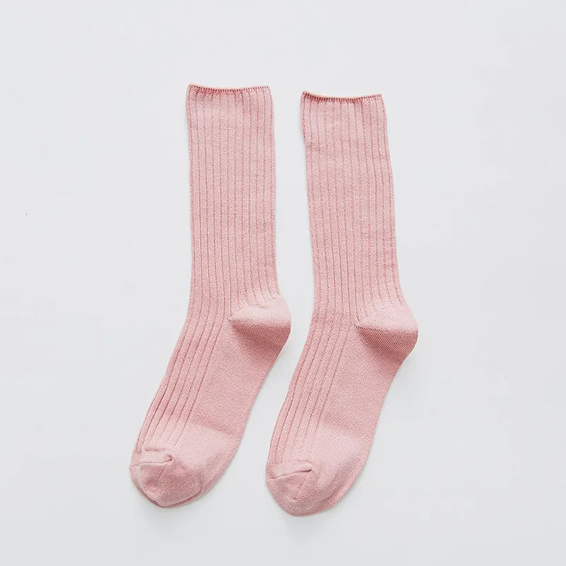 Women‘s Ribbed Slouchy Crew Socks Solid Color Double Needle Cotton