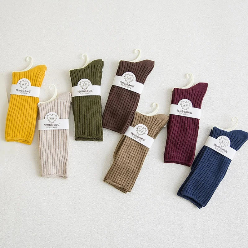 Women‘s Ribbed Slouchy Crew Socks Solid Color Double Needle Cotton