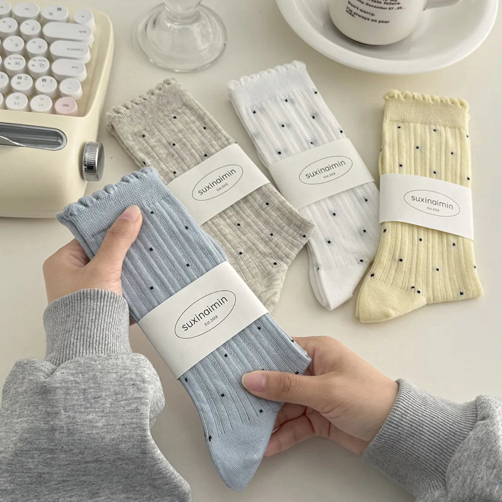 Summer Thin Polka Dot Women Socks Retro Harajuku Cotton Crew