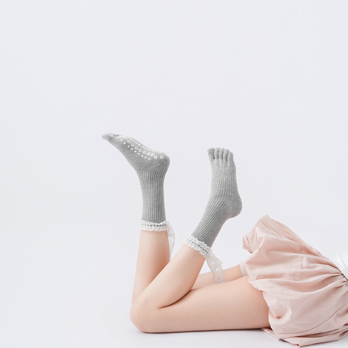 ZoraSocks Lace Trim Five-Toe Pilates Grip Socks