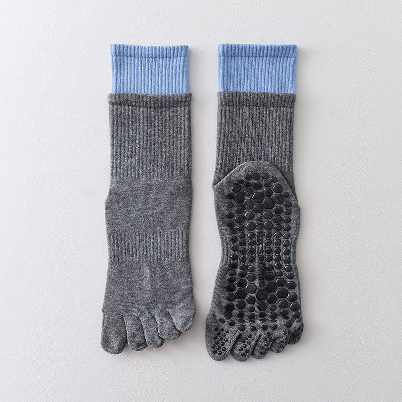 ZoraSocks Contrast-Cuff Mid-Calf Five-Toe Pilates Grip Socks