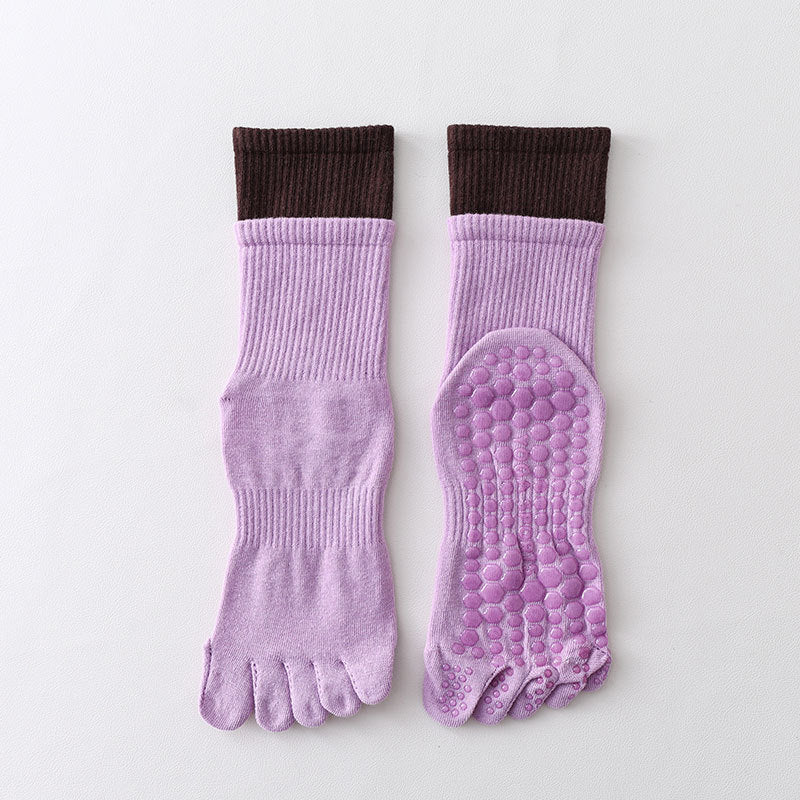 ZoraSocks Contrast-Cuff Mid-Calf Five-Toe Pilates Grip Socks