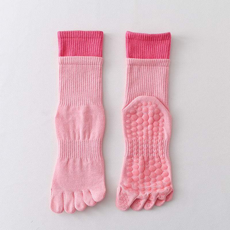 ZoraSocks Contrast-Cuff Mid-Calf Five-Toe Pilates Grip Socks