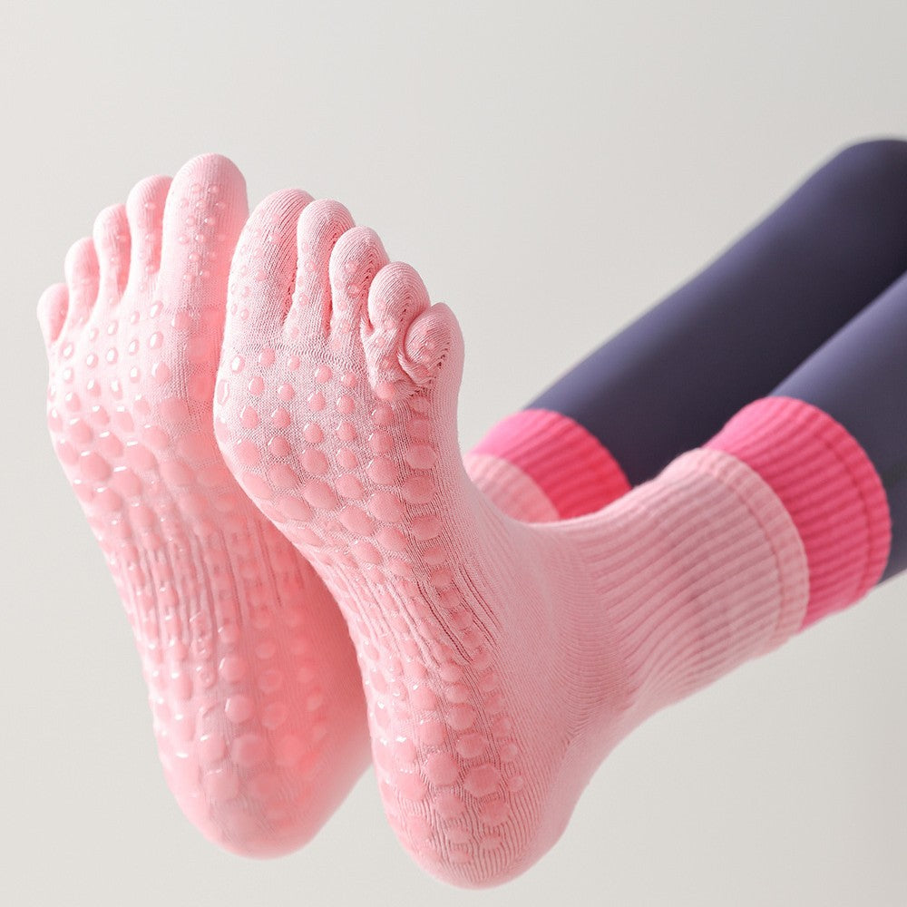 ZoraSocks Contrast-Cuff Mid-Calf Five-Toe Pilates Grip Socks